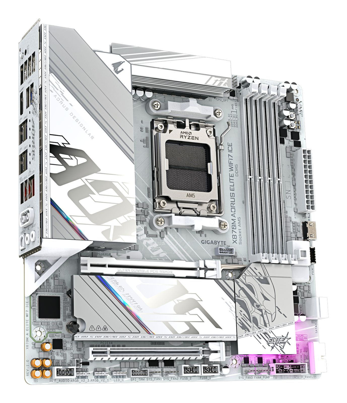 A white motherboard featuring an AMD Ryzen CPU socket and DDR5 RAM slots.
