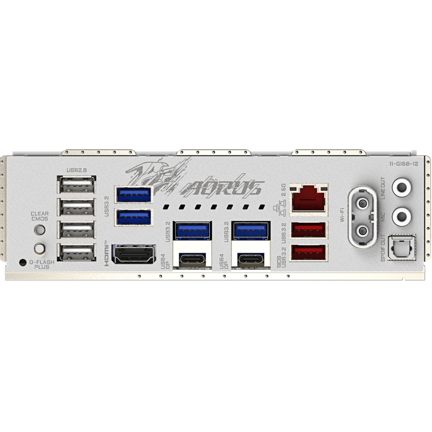 Rear of a motherboard with multiple ports: USB, HDMI, Ethernet, audio, and Wi-Fi.