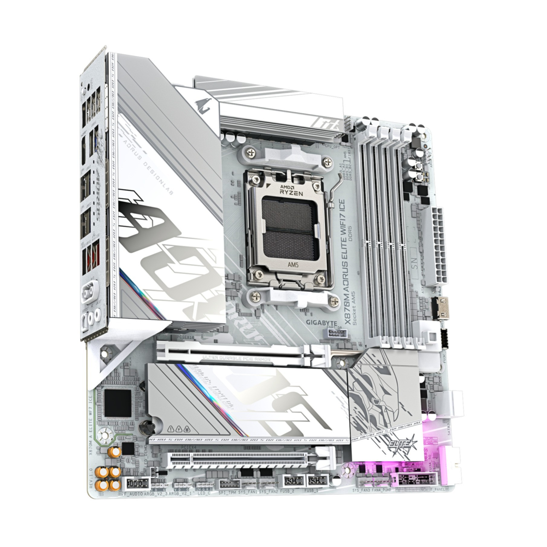 White motherboard with AM5 socket, AMD Ryzen logo, and DDR5 slots.