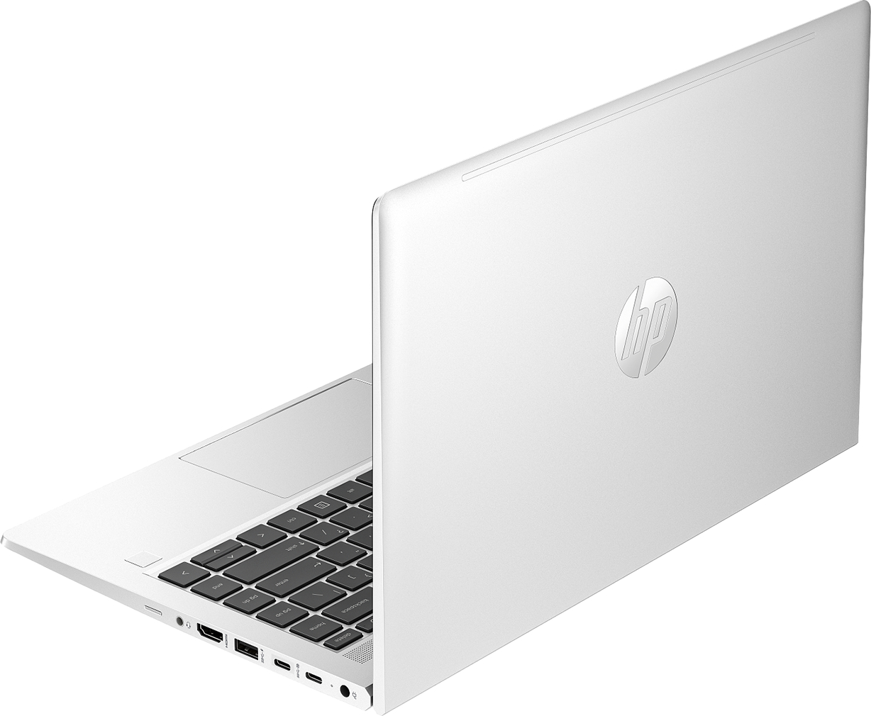 Klavyesini gösteren açık ekranlı beyaz bir HP dizüstü bilgisayar. HP logosu kapakta yer alıyor.