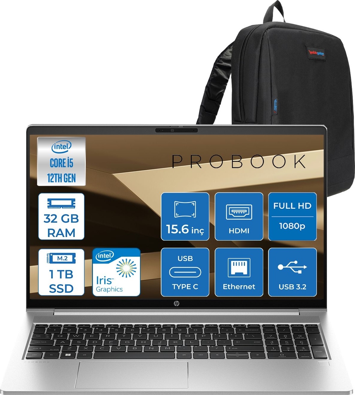 HP ProBook 450 G10 5 GHz Iris XE IPS 250 Nits H9969H2ETF18 Intel Core i7-1355U 32 GB RAM 1 TB SSD 15,6 inç FreeDOS Laptop+Çanta Gümüş