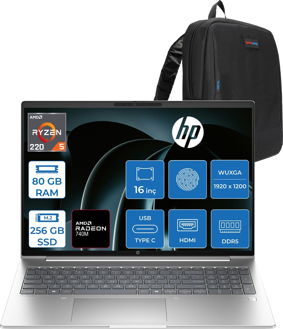 HP ProBook 4 G1AH 16 DDR5 WUXGA IPS CV0E7ATF31 AMD Ryzen 5 220 80 GB RAM 256 GB SSD 16 inç FreeDOS Laptop+Çanta Gümüş