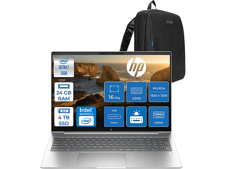 HP ProBook 4 G1I AI 1920 x 1200 300 Nits C9FY2ETF05 Intel Core Ultra 7 255U 24 GB RAM 4 TB SSD 16 inç FreeDOS Laptop+Çanta Siyah