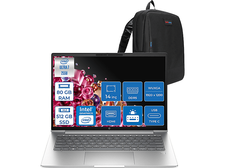 HP ProBook 4 G1I 1920 x 1200 300 Nits C9FH1ETF22 Intel Core Ultra 7 255U 80 GB RAM 512 GB SSD 14 inç FreeDOS Laptop+Çanta Siyah