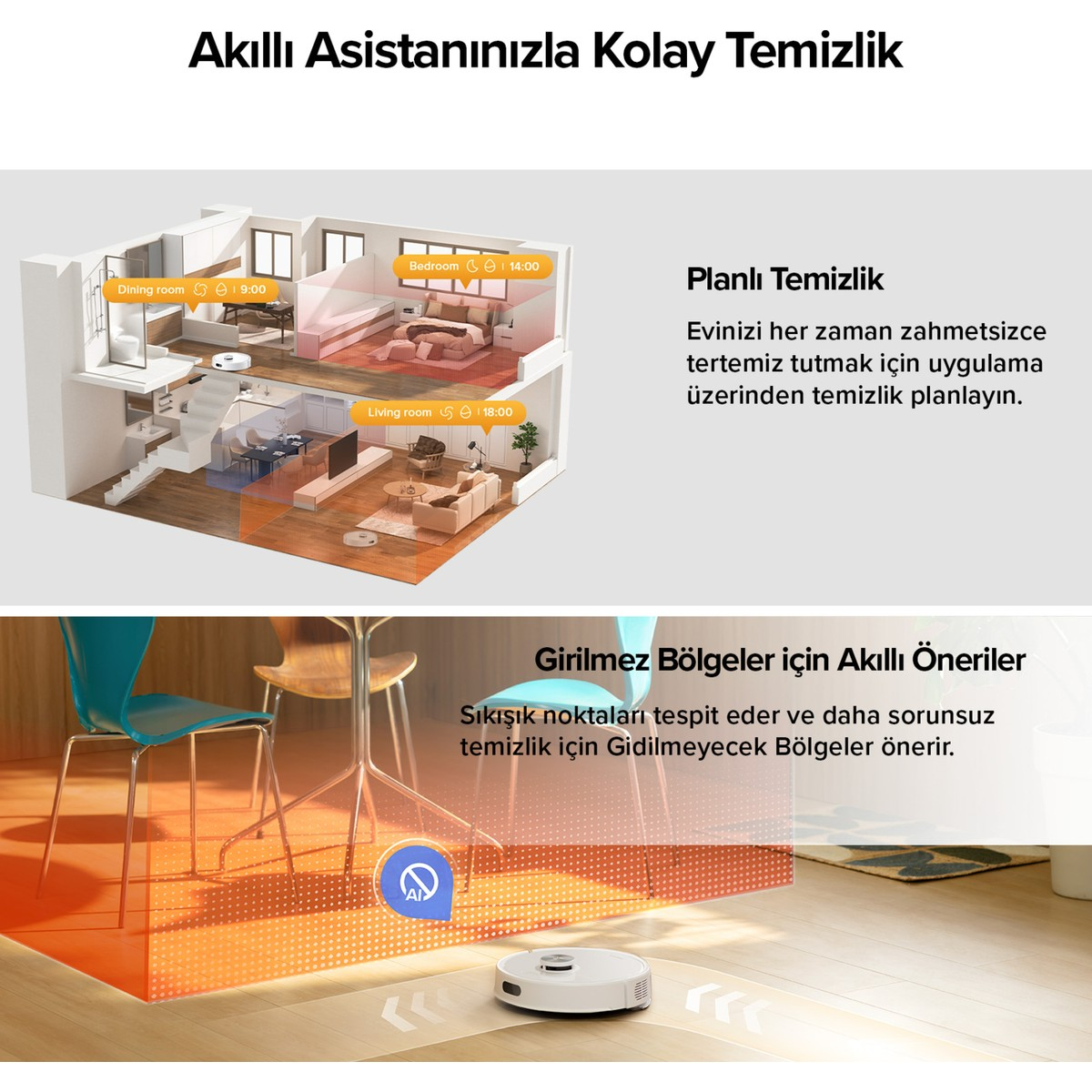 Robot süpürge, oturma odaları ve yatak odaları için temizlik planlar.