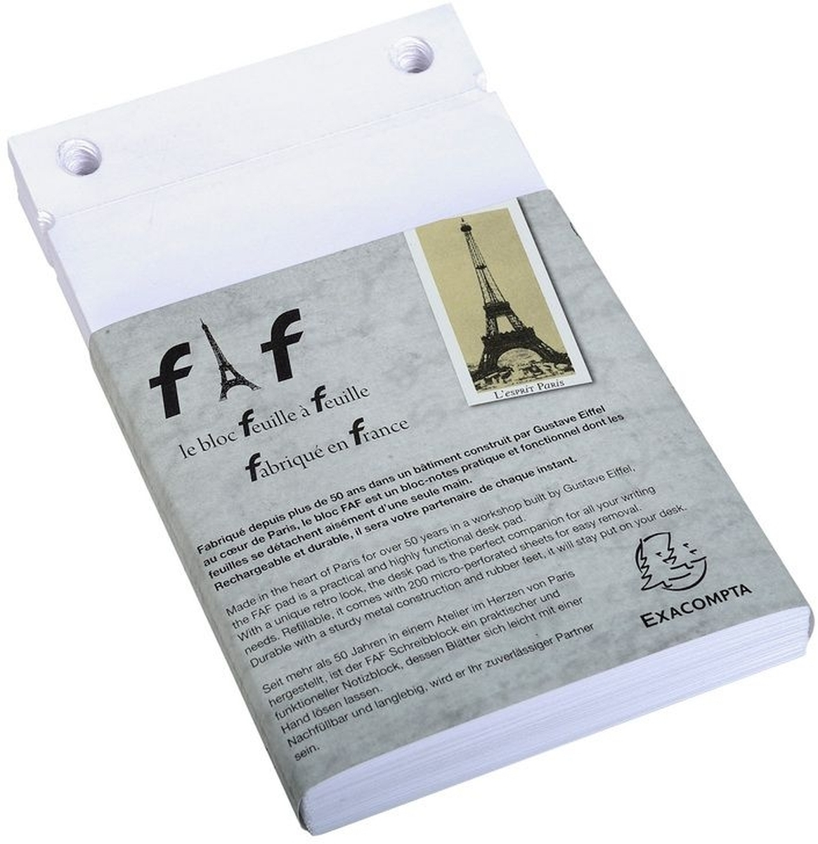 Un blocco note con motivo della Torre Eiffel, prodotto in Francia.