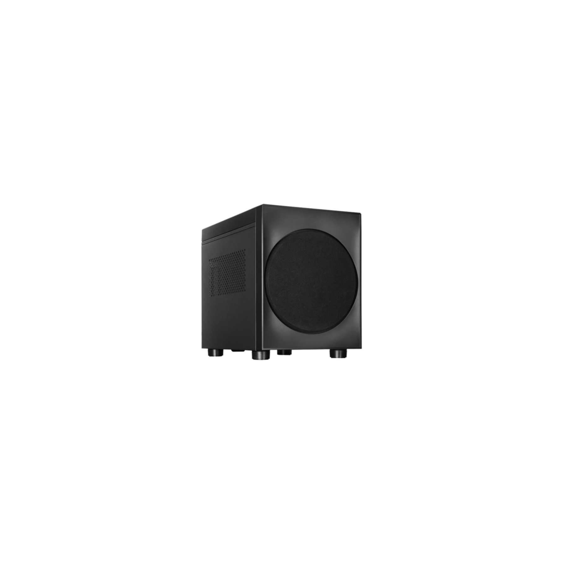 A black subwoofer with a round front, standing on four feet.