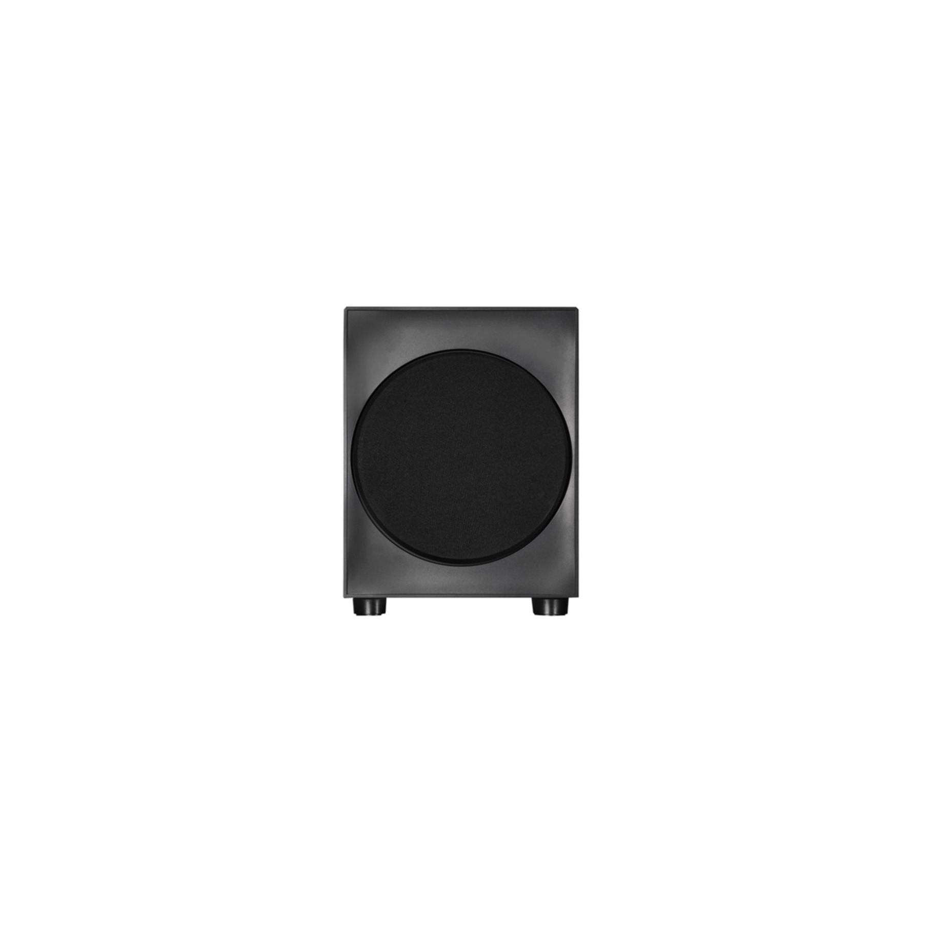A black subwoofer with a round speaker on a white background.