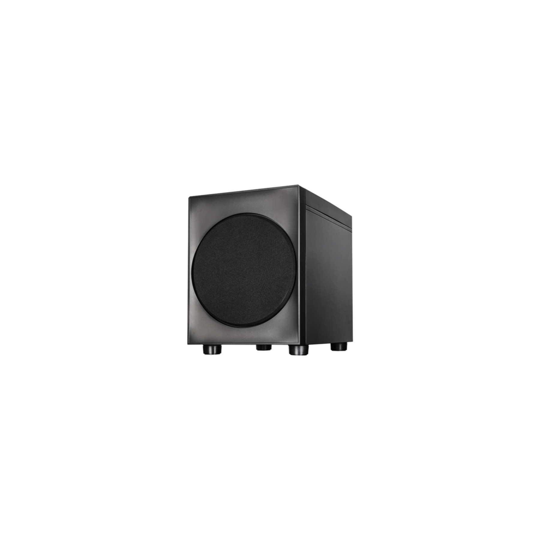 Black subwoofer with a round speaker grill and four feet.