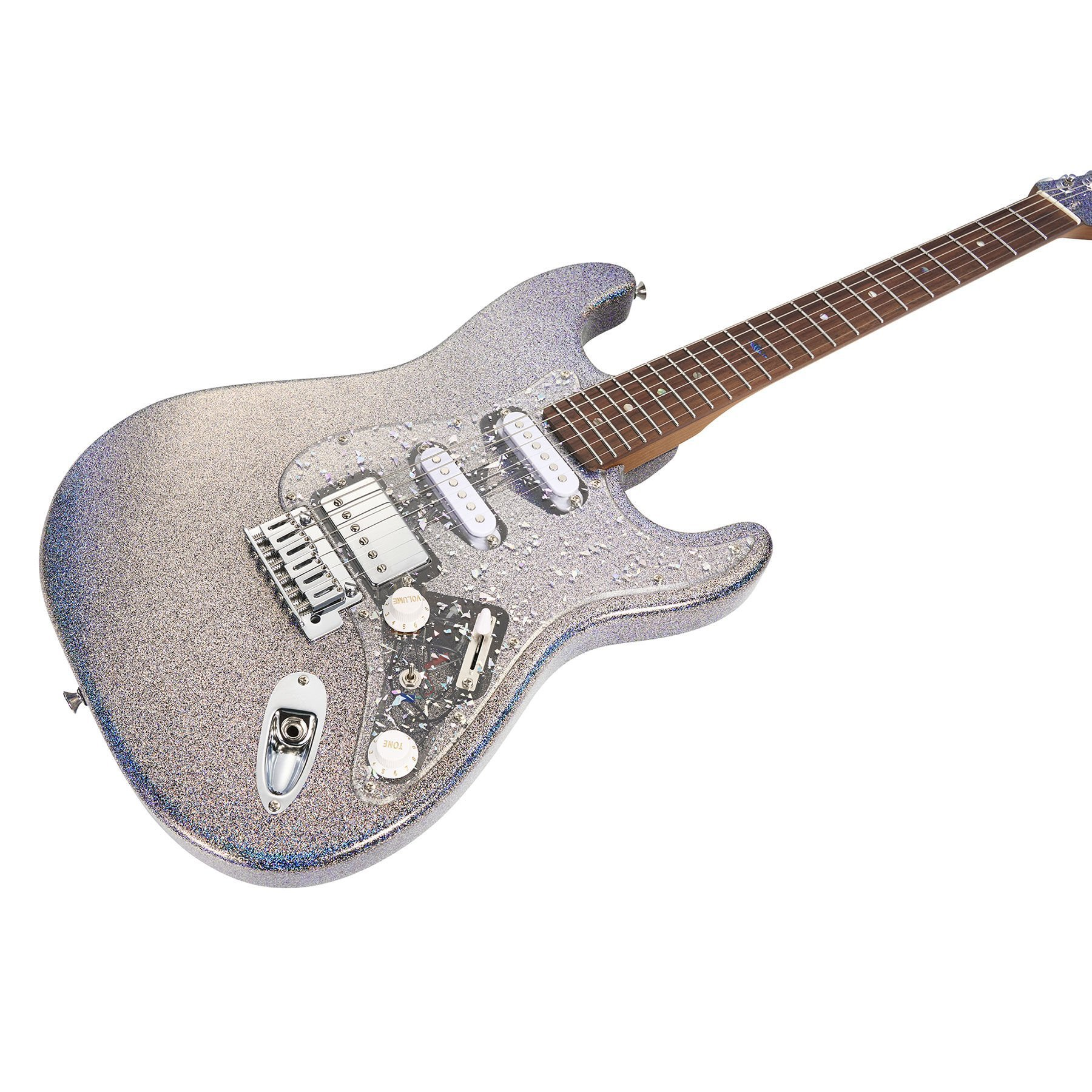 Ahşap klavyeli ve beyaz manyetikli gümüş simli elektro gitar.