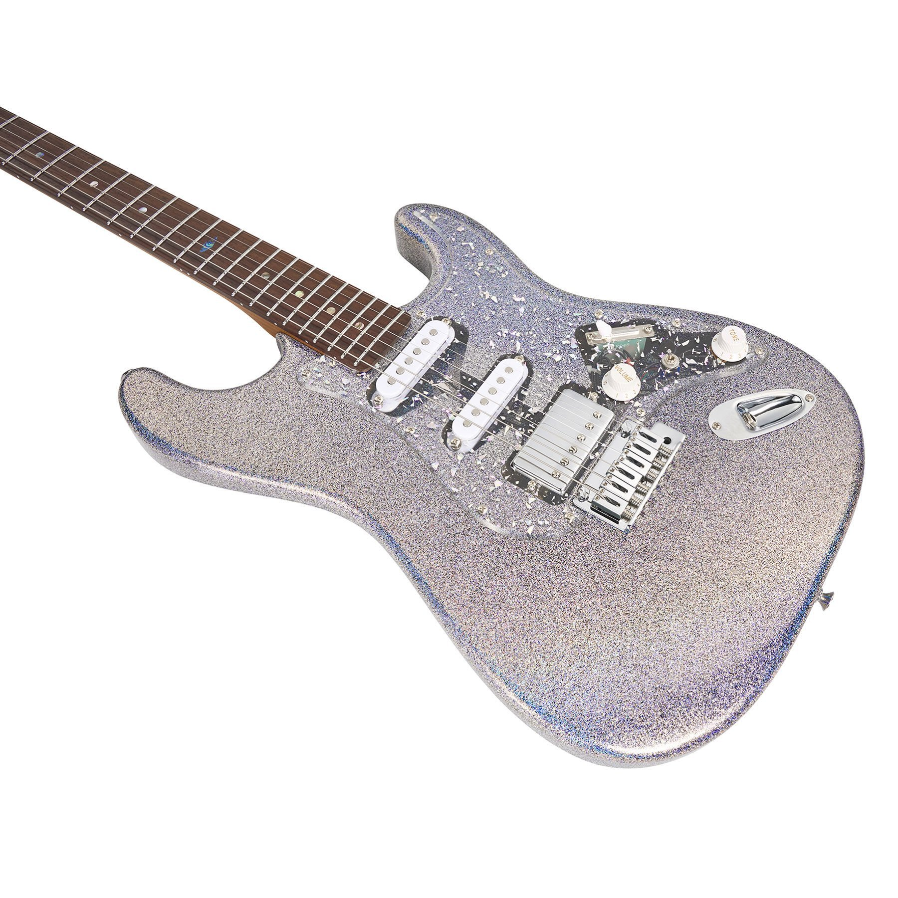 Gümüş renkli, simli kaplamalı elektro gitar, ahşap klavyeli ve beyaz manyetikli.