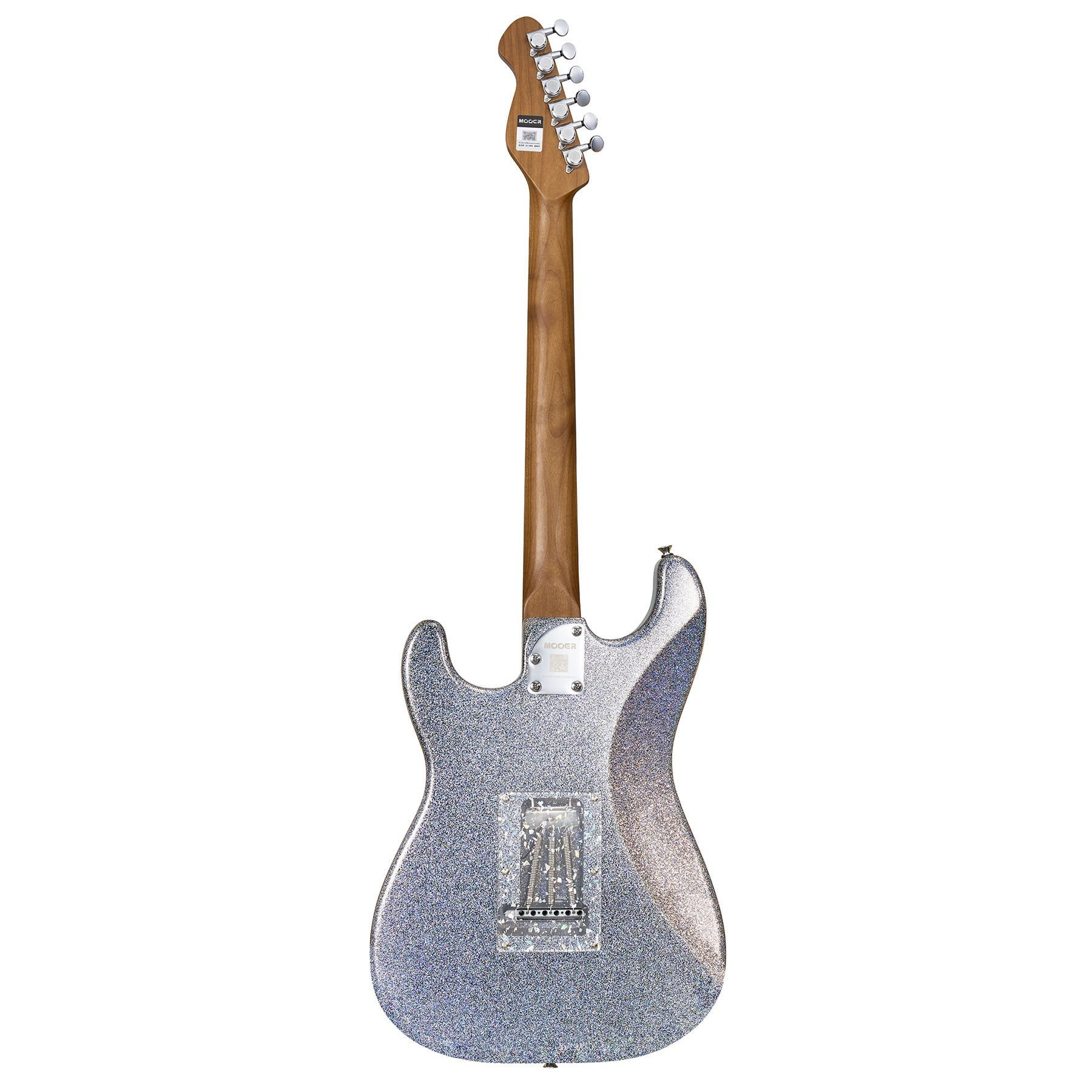 Gümüş simli elektro gitar, arka görünüm, kahverengi ahşap sap ve gümüş burgular.