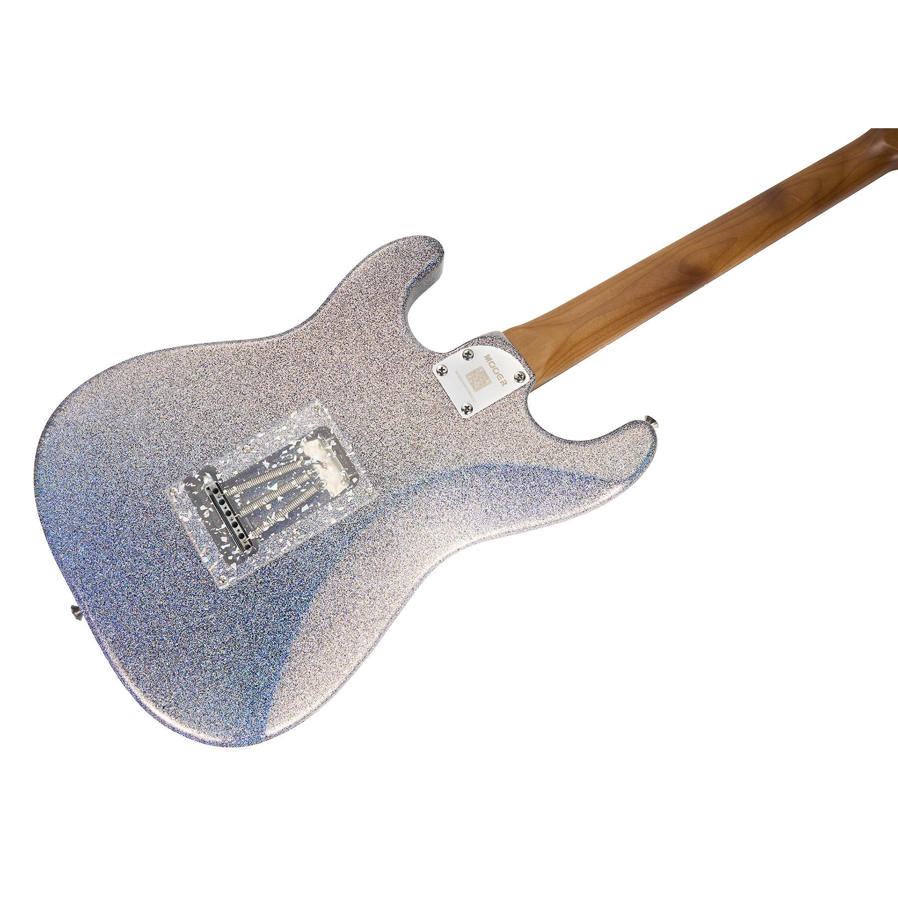 Gümüş ve mavi tonlarda, ahşap sapa sahip simli elektro gitar.