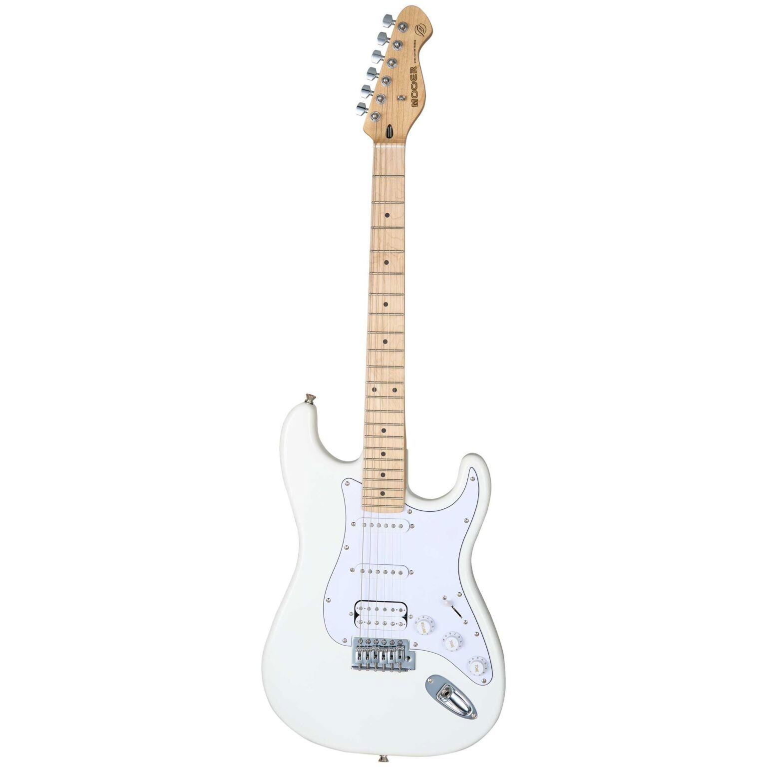 Açık ahşap klavyeli ve krom donanımlı beyaz elektro gitar.