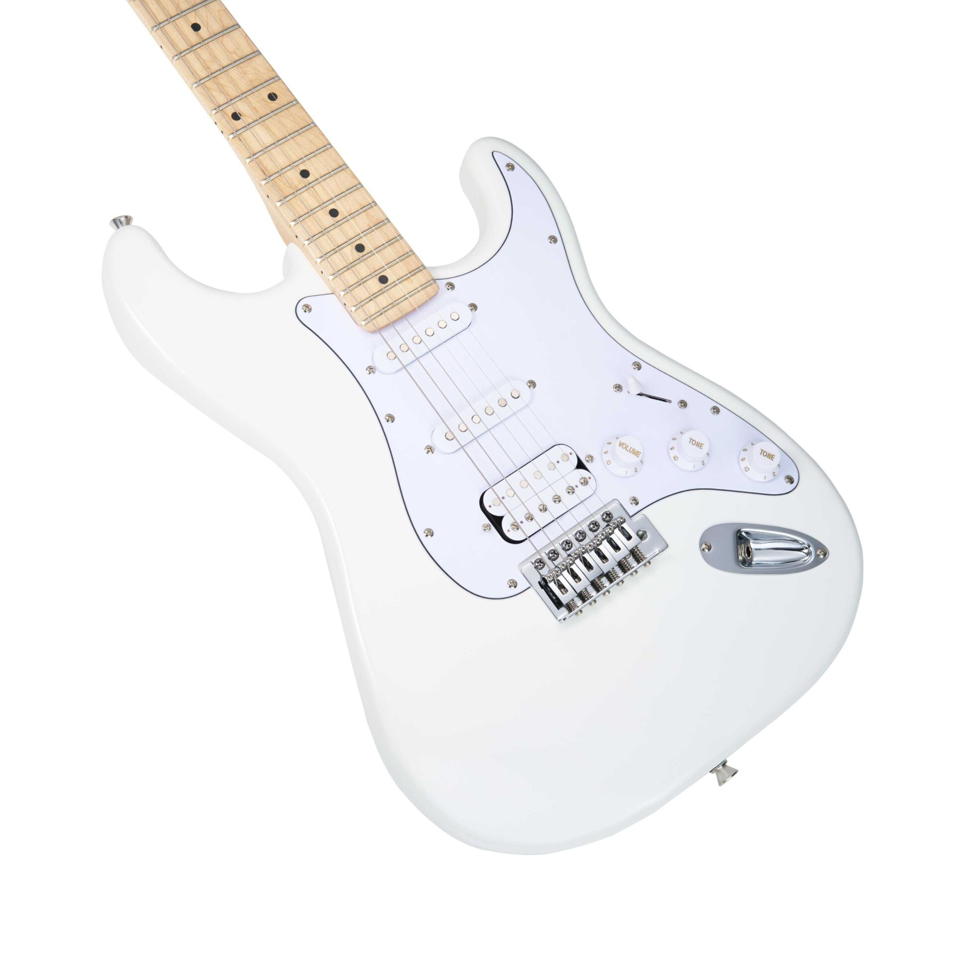 Gümüş köprülü ve düğmeli beyaz elektro gitar.