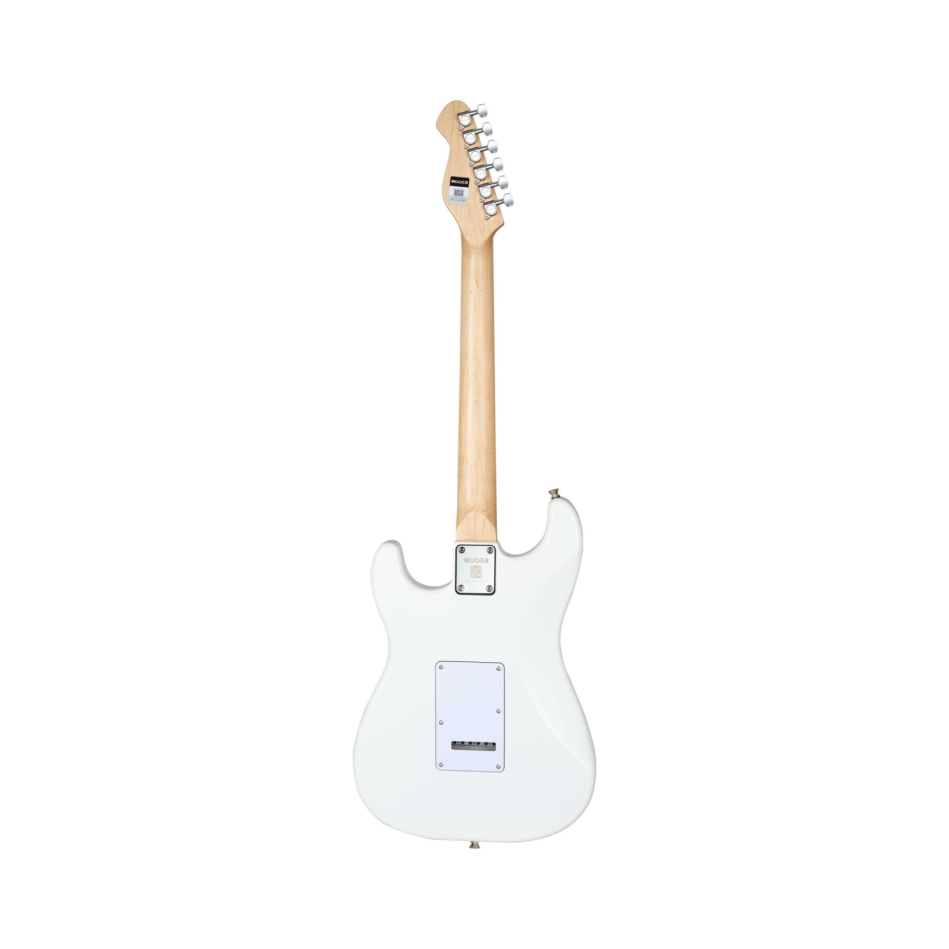 Açık ahşap sapa ve gümüş akort burgularına sahip beyaz elektrik gitarın arka görünümü.