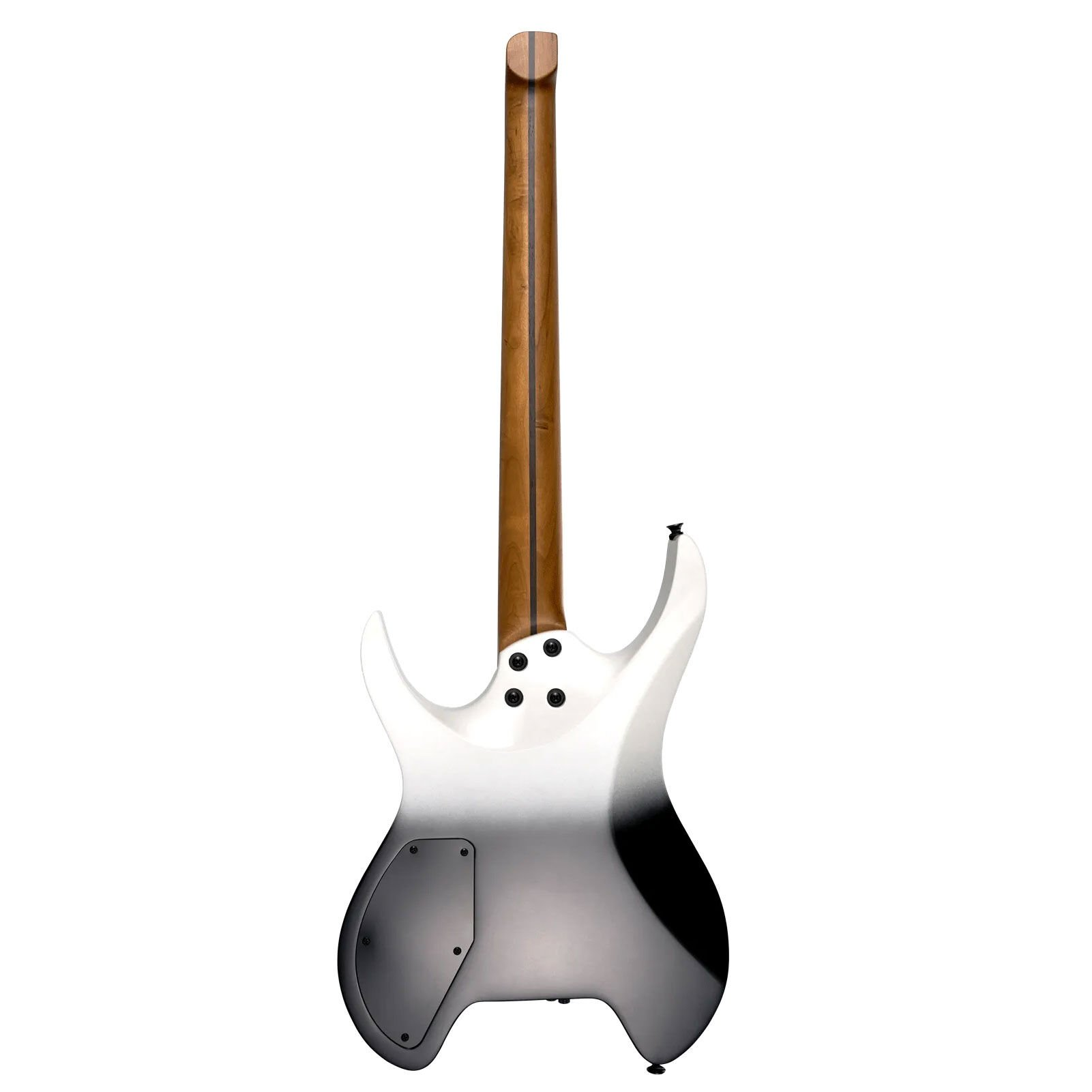 Boyun kısmında ahşap deseni ve siyah geçişli beyaz elektro gitarın arkası.