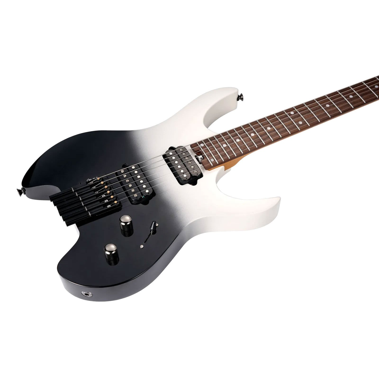 Elektro gitar sapı klavye ve tellerle, gövde siyah ve beyaz.