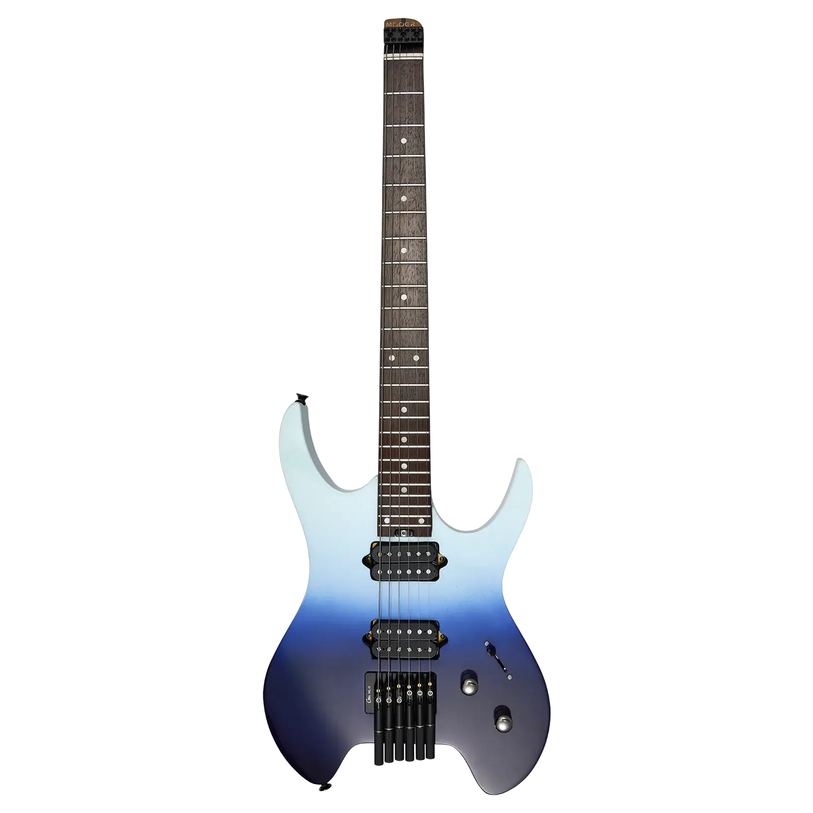 Siyah arka plan üzerinde mavi gradyan kaplamalı altı telli elektro gitar.