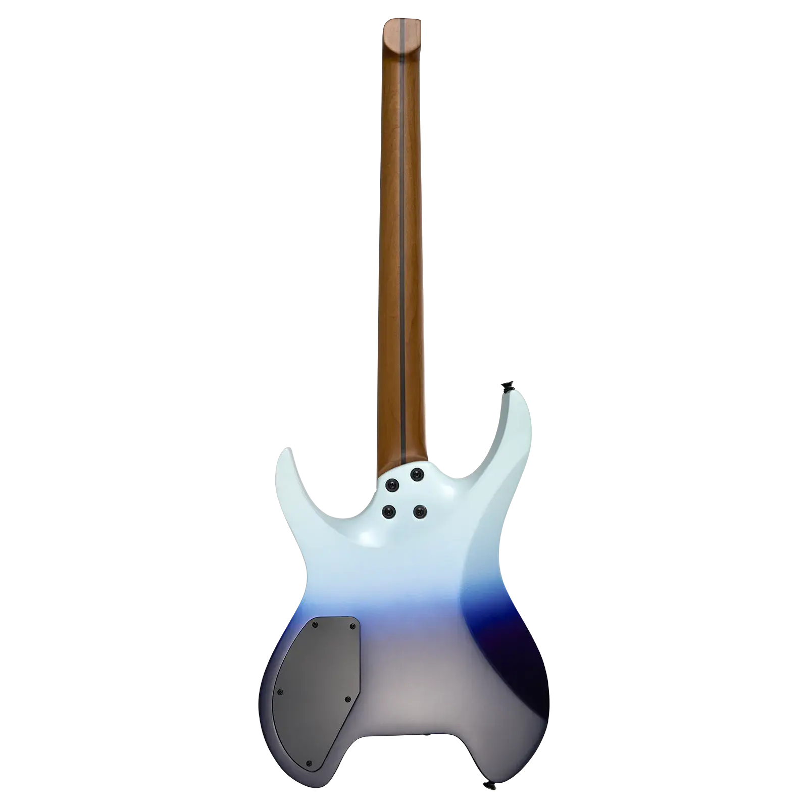 Ahşap saplı elektro gitarın arka görünümü, beyazdan maviye gradyan kaplamalı.
