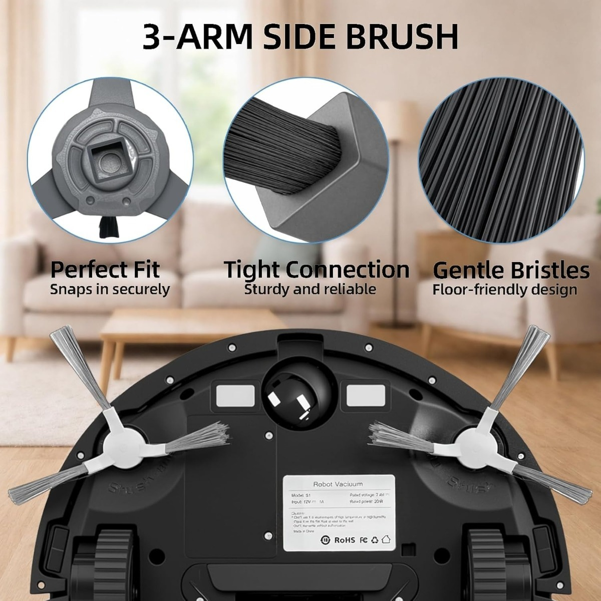 Vue inférieure d'un aspirateur robot avec brosses latérales à 3 bras, montrant les détails de la brosse.