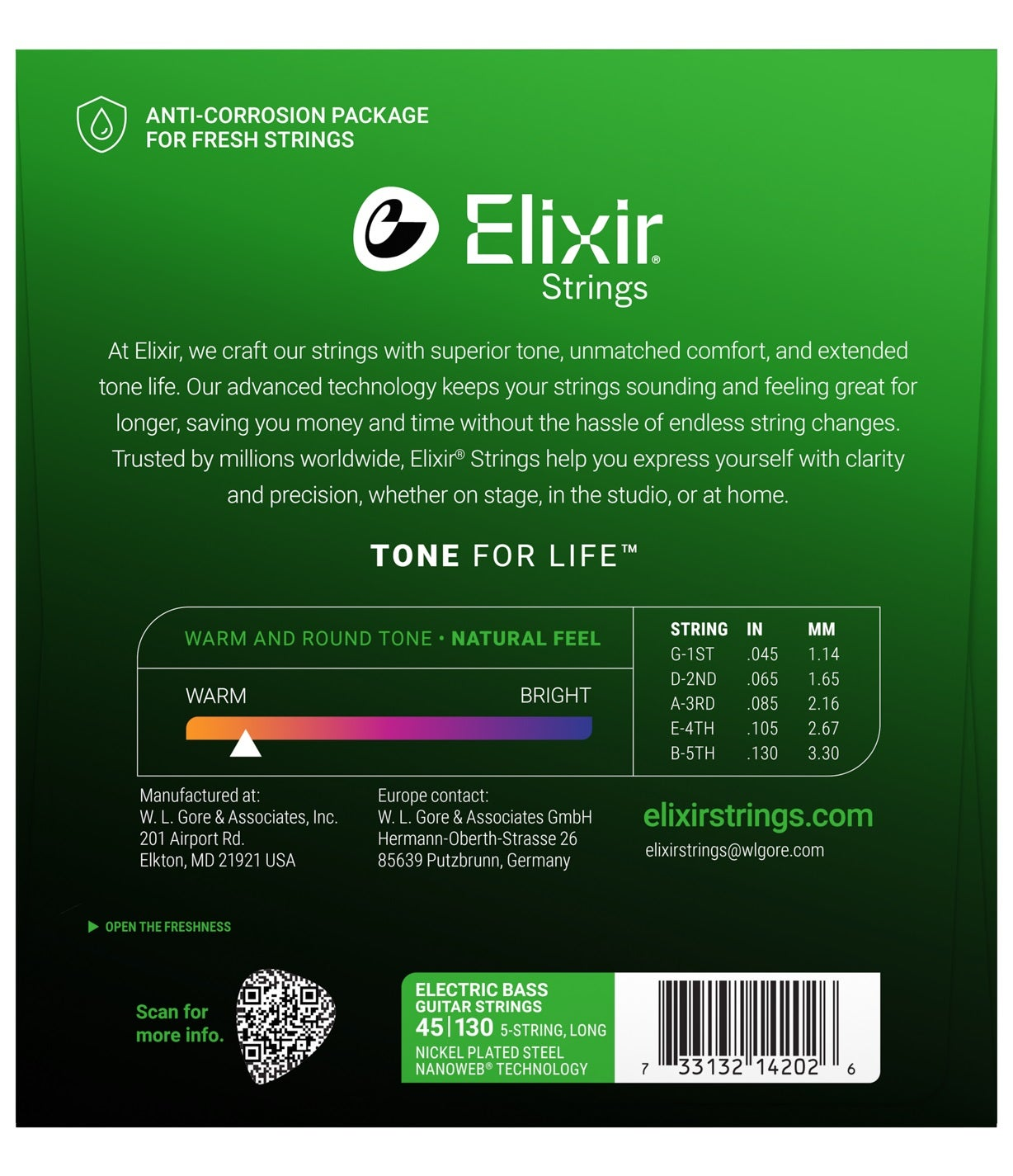 Elixir Strings verpakking met logo, tekst en snaarinformatie.