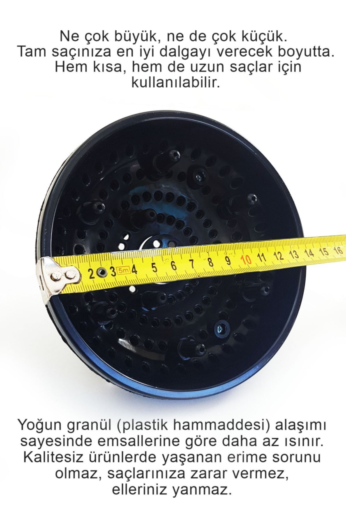 9-10 cm'yi gösteren mezuralı siyah saç kurutma makinesi difüzörü.