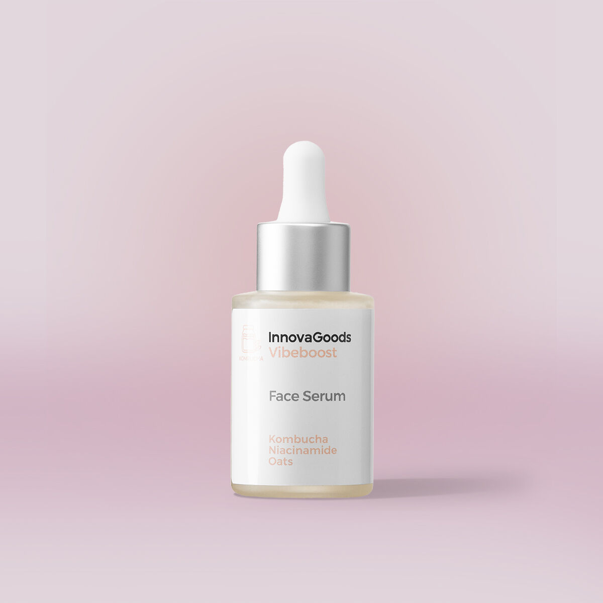 Ein Glas Face Serum mit Pipette auf rosa Hintergrund.