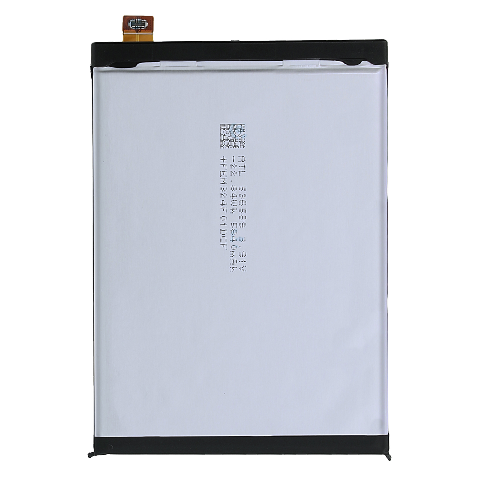 Una batteria bianca con connettore nero in alto e stampa.