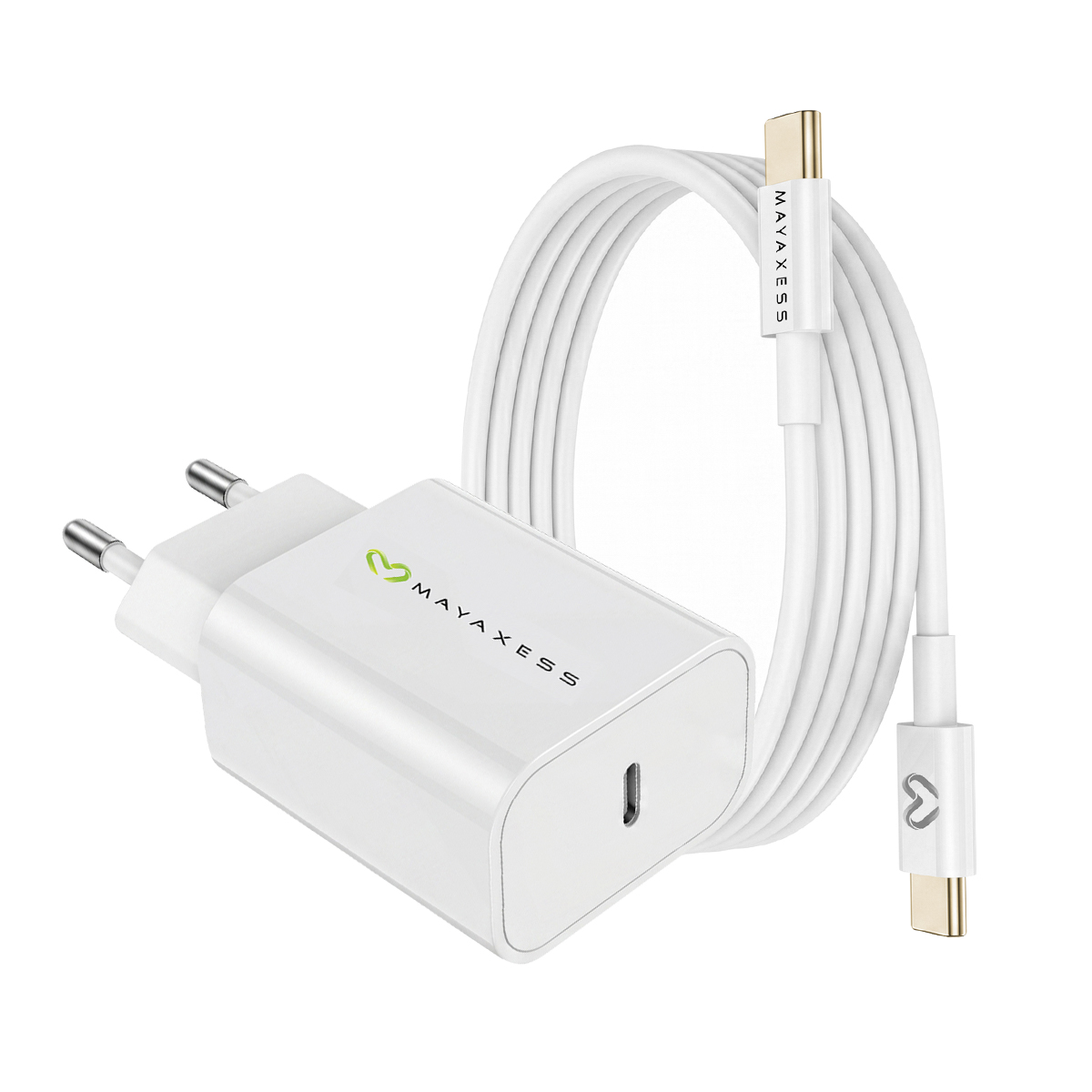 Caricatore USB-C bianco con cavo. Logo e testo su caricatore e cavo.