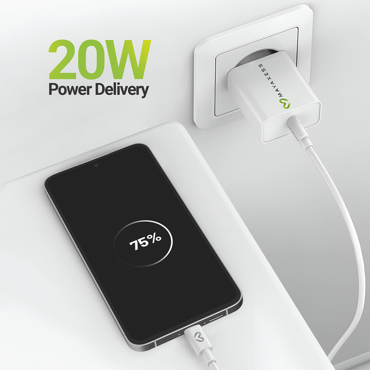 Uno smartphone si carica tramite un adattatore da 20W. Lo schermo mostra il 75%.
