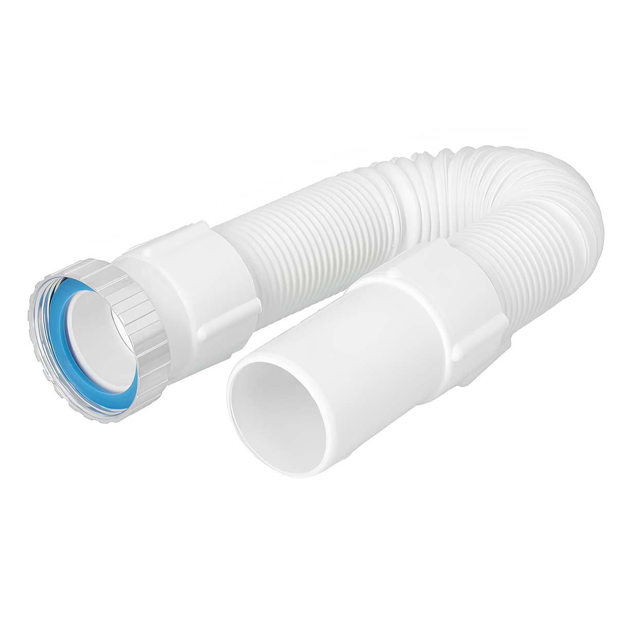 Ein weißer, flexibler Abflussschlauch mit blauem Ring und Anschlussstücken.