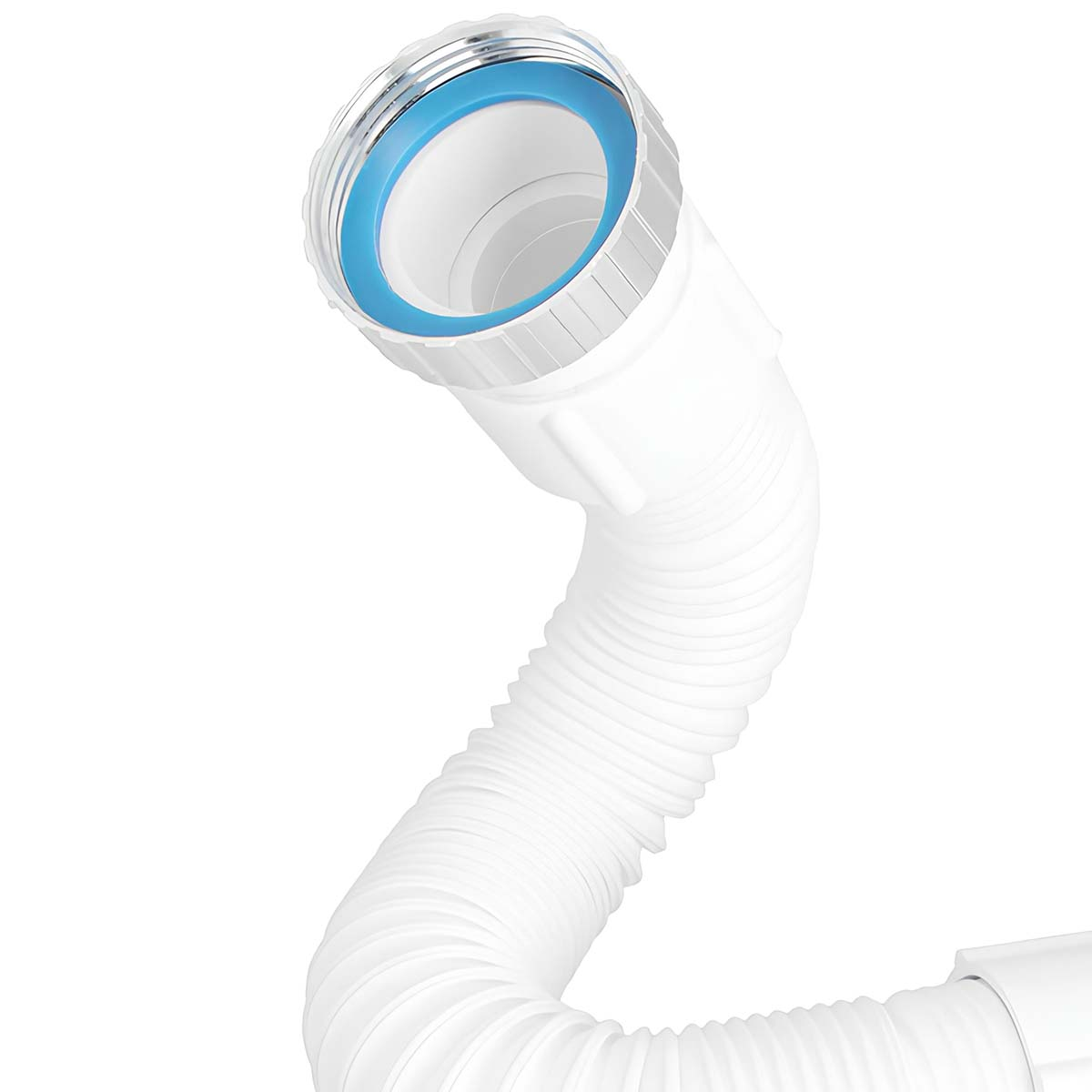 Ein weißer flexibler Abflussschlauch mit blauem und silbernem Ring am oberen Ende.