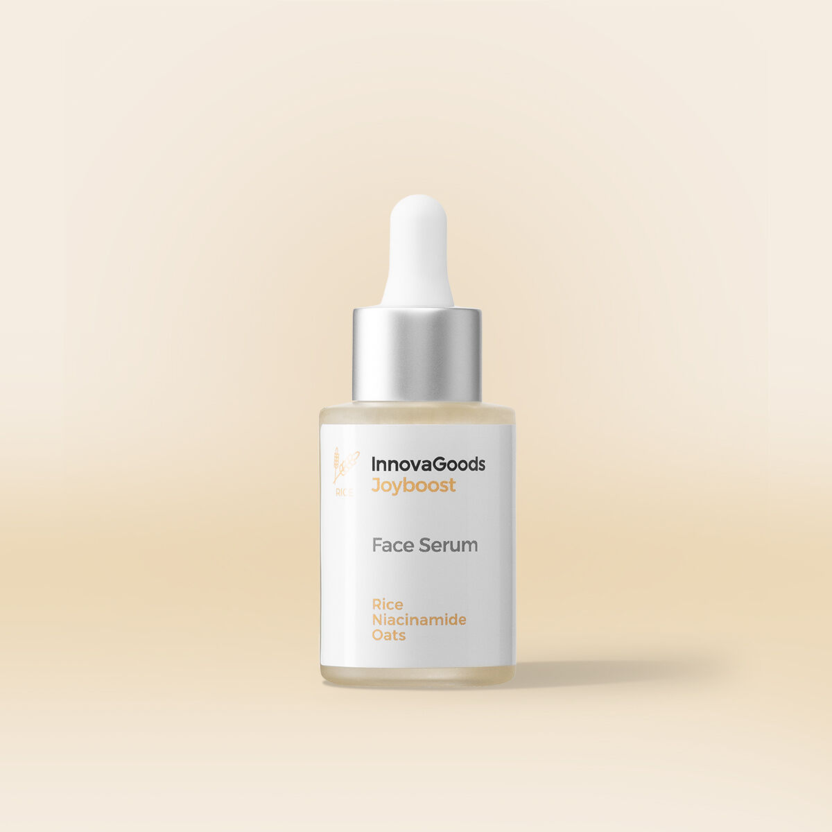 Una botella de InnovaGoods Joyboost Sérum Facial con arroz, niacinamida y avena.