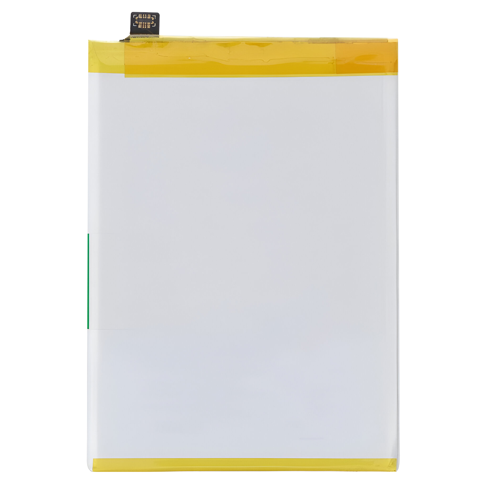 Una batteria bianca con nastro giallo in alto e in basso e un cavo piatto in alto.