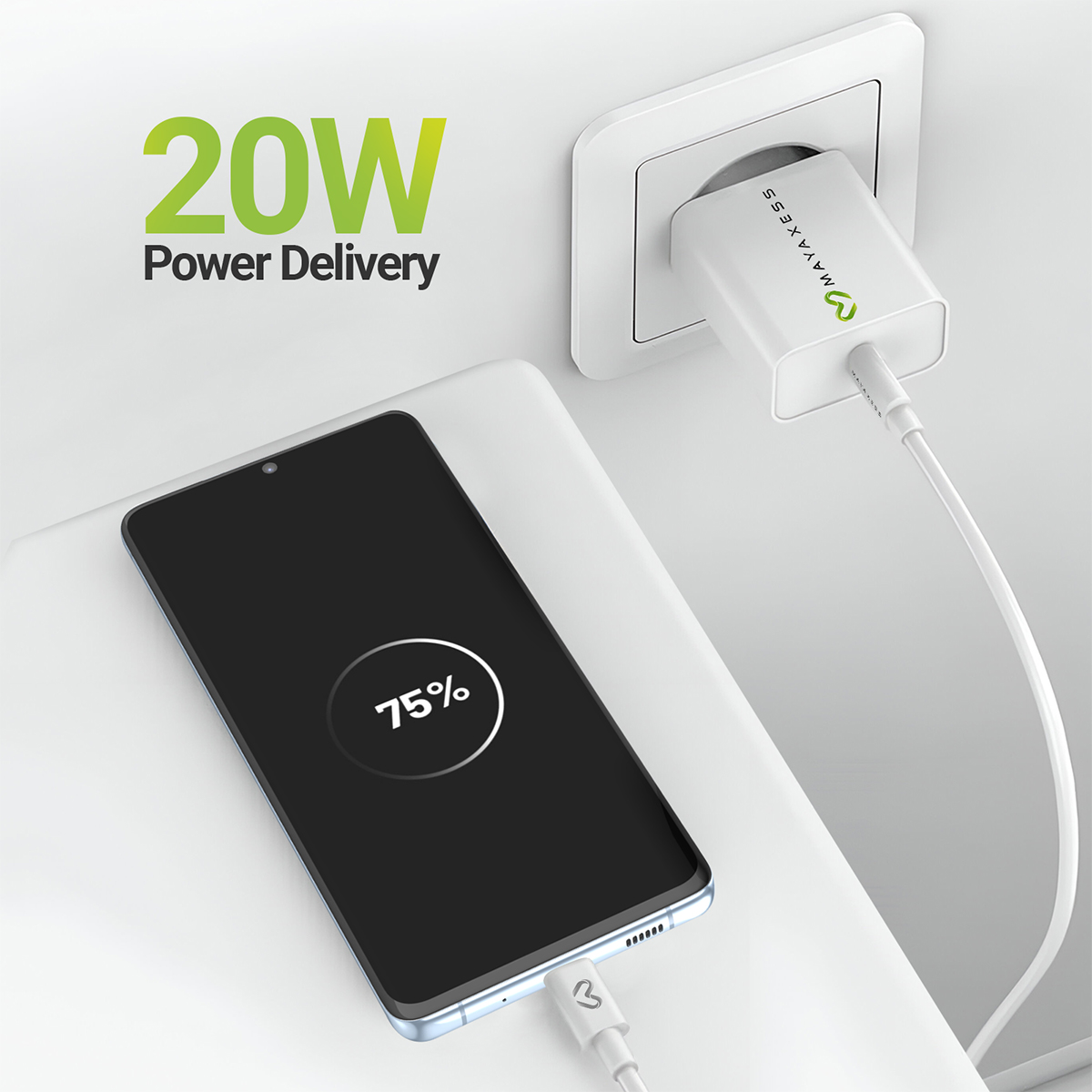 Uno smartphone si carica con un adattatore da 20W. Lo schermo mostra il 75%.