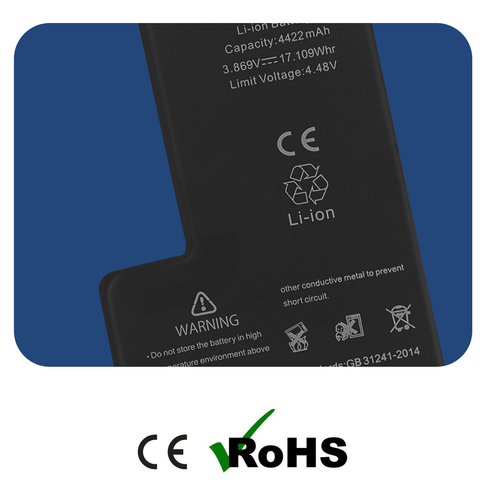 Batteria Li-ion nera con specifiche: 4422 mAh, 3,869V, 17,109Whr, limite 4,48V. Loghi CE, ROHS.