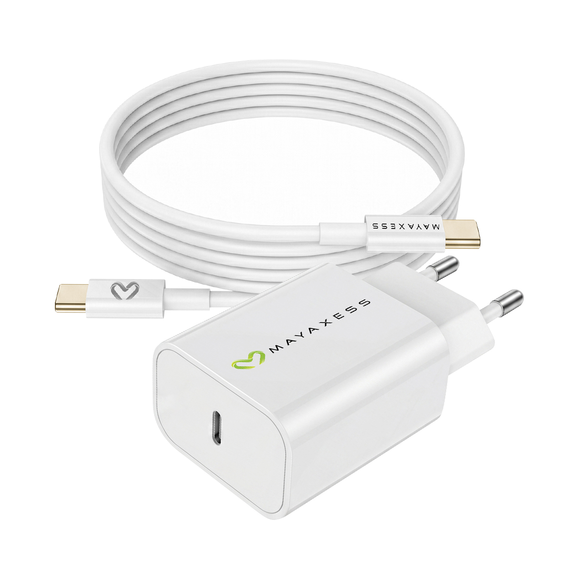 Caricabatterie USB-C bianco con cavo arrotolato. Logo del marchio visibile.