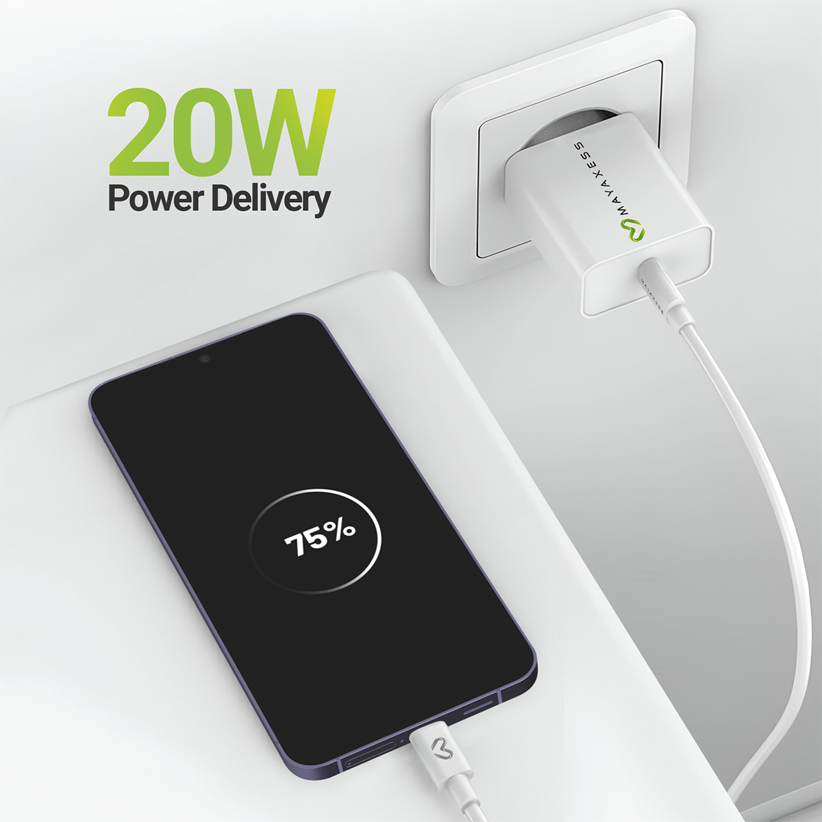 Un caricatore bianco con logo 20W Power Delivery carica uno smartphone al 75%.