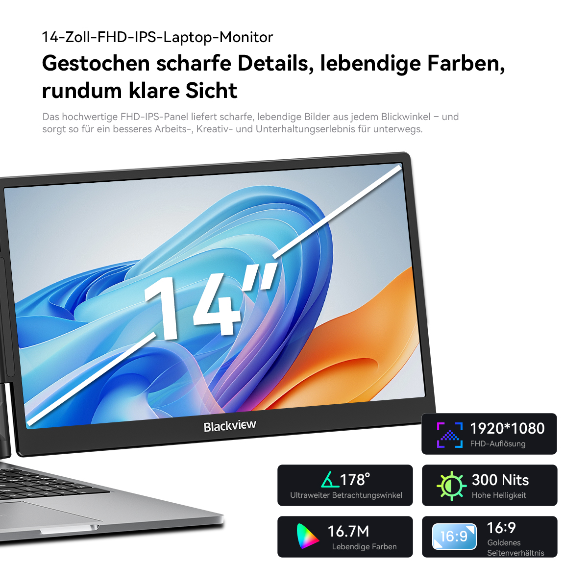Ein 14-Zoll-FHD-IPS-Laptop-Monitor mit 1920x1080 Auflösung, 300 Nits Helligkeit und 178° Blickwinkel.