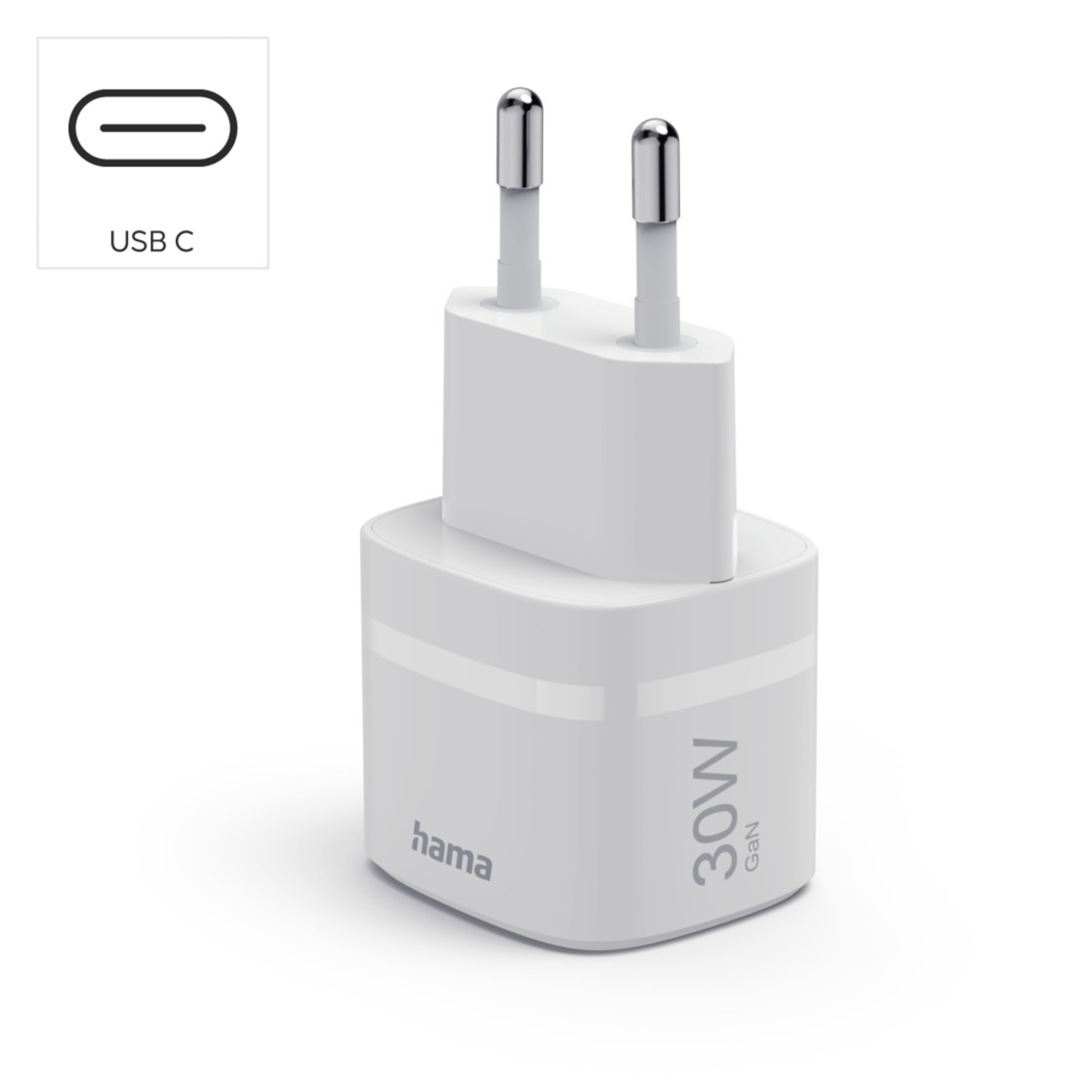 Weißer USB-C 30W GaN-Ladegerät von Hama mit zwei silbernen Stiften.