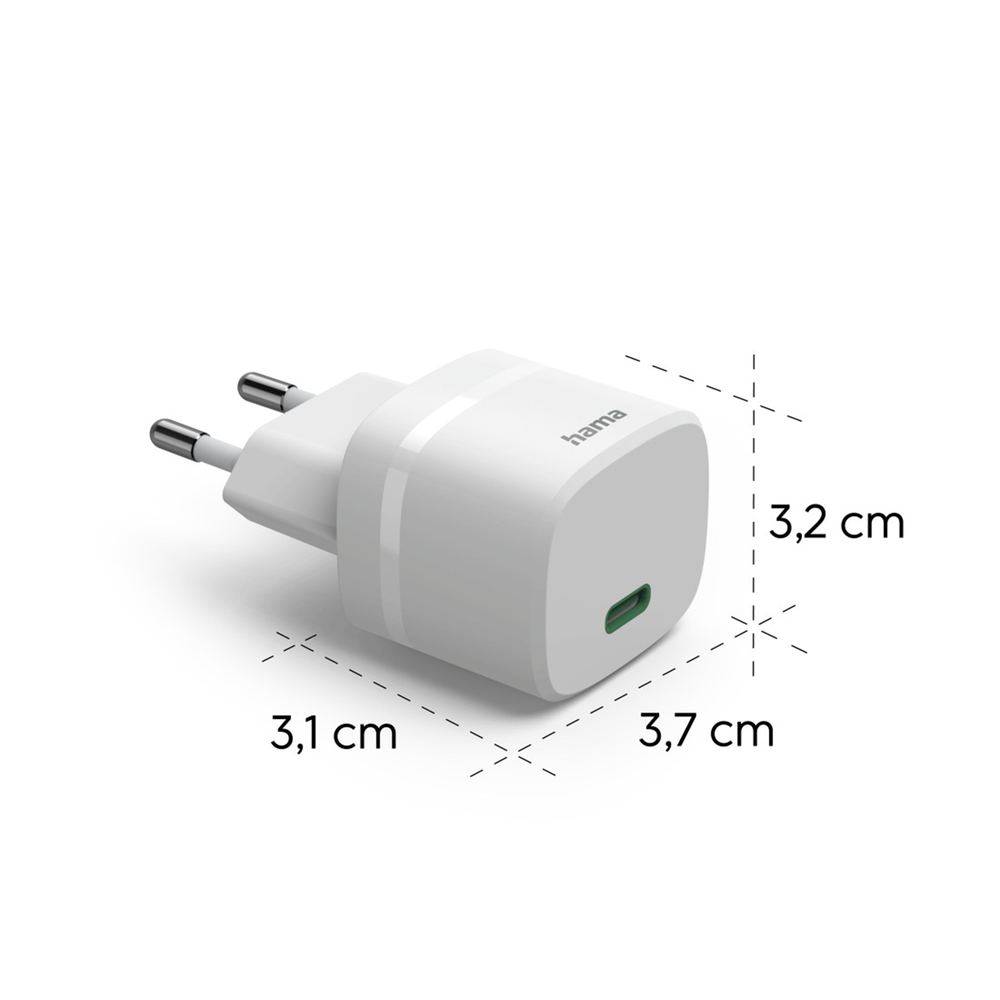 Ein weißer Hama Netzstecker mit USB-C-Anschluss und Maßangaben.