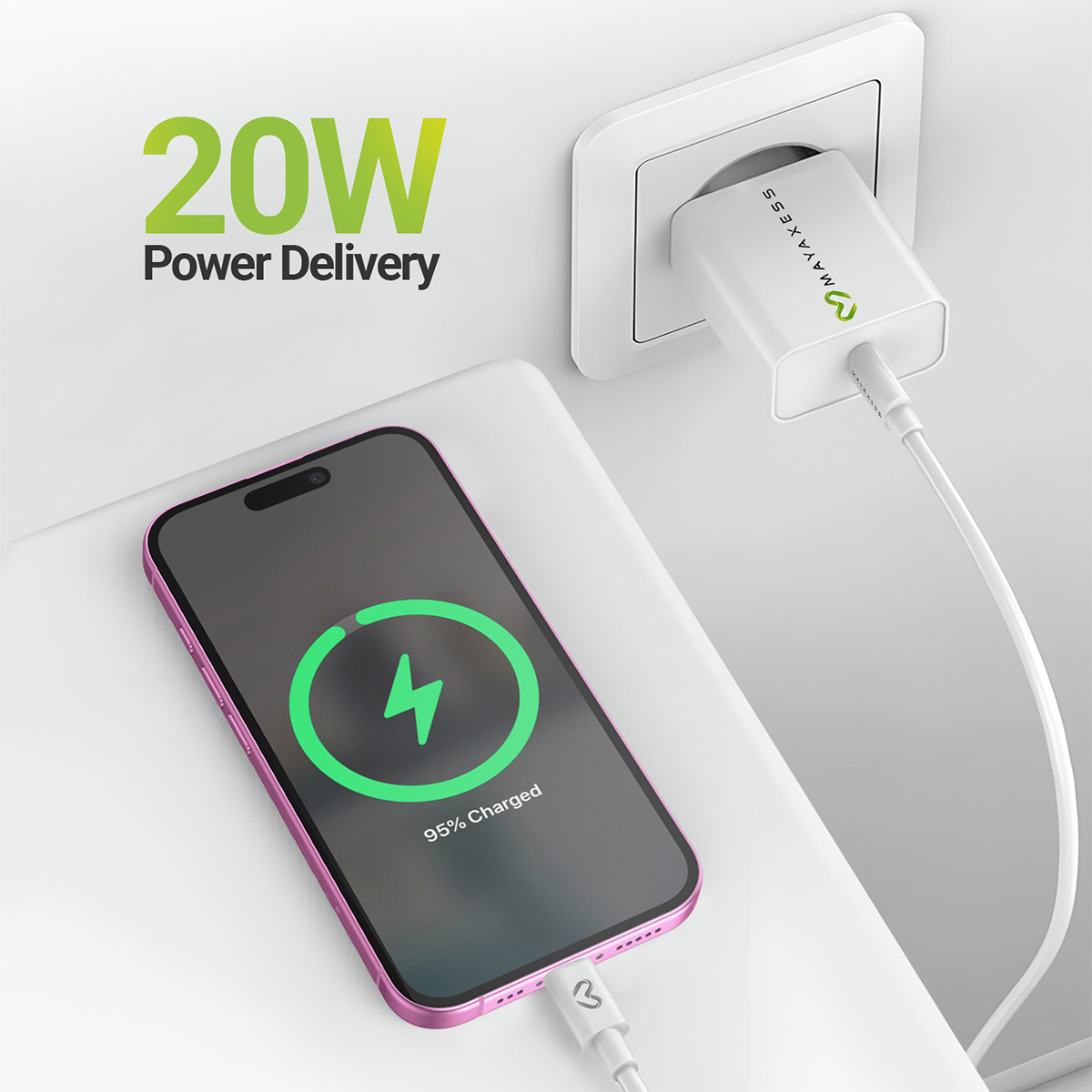 Uno smartphone rosa si carica con un caricatore bianco da 20W.