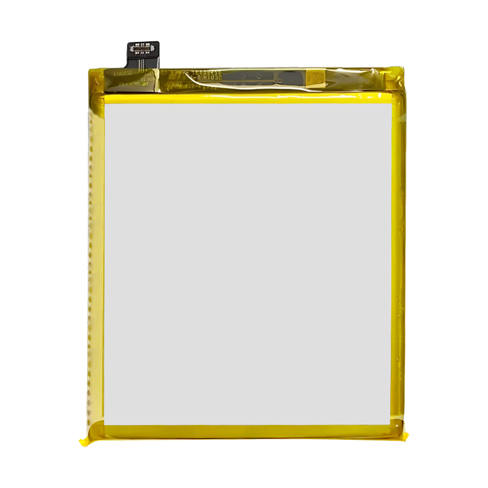 Una batteria rettangolare con bordo giallo e cavo di collegamento nero.