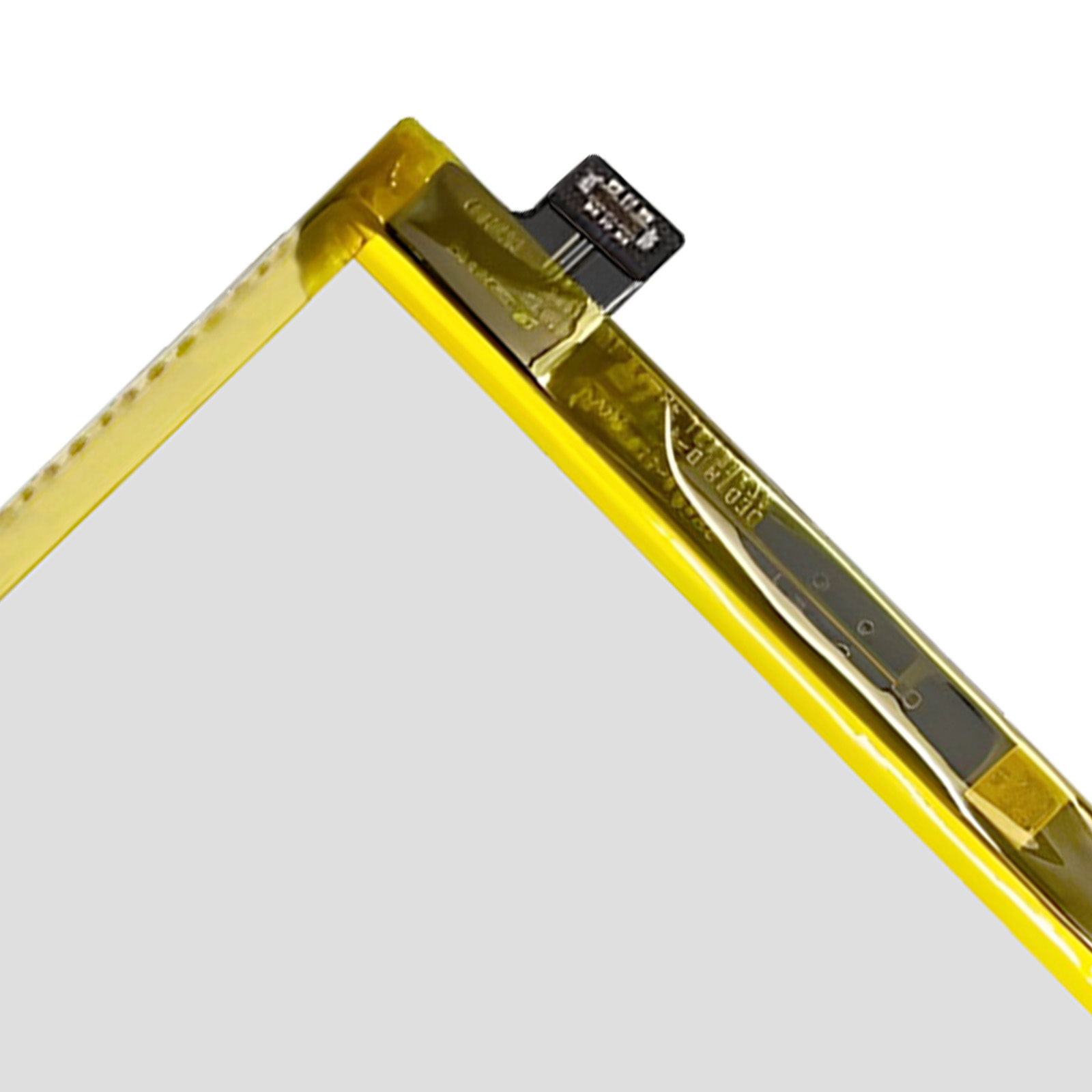 Una sottile batteria gialla con cavo di connessione nero su sfondo grigio.