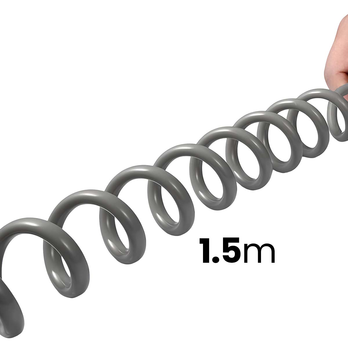 Graues Spiralkabel, das von einer Hand gehalten wird, 1,5 m lang.
