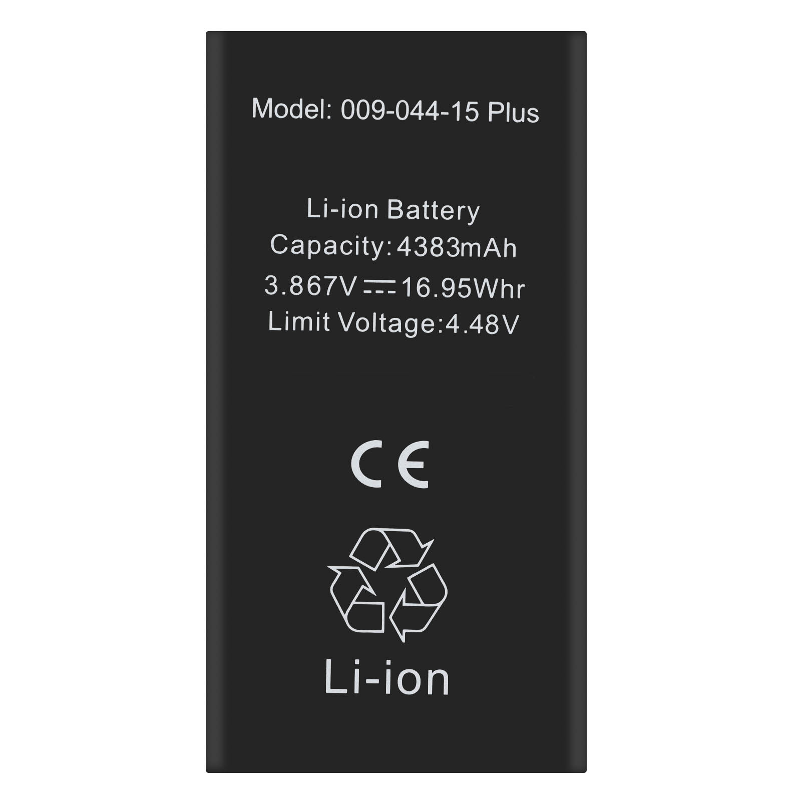 Batteria Li-ion nera: Modello, Capacità, Tensione, marchio CE, simbolo riciclo.