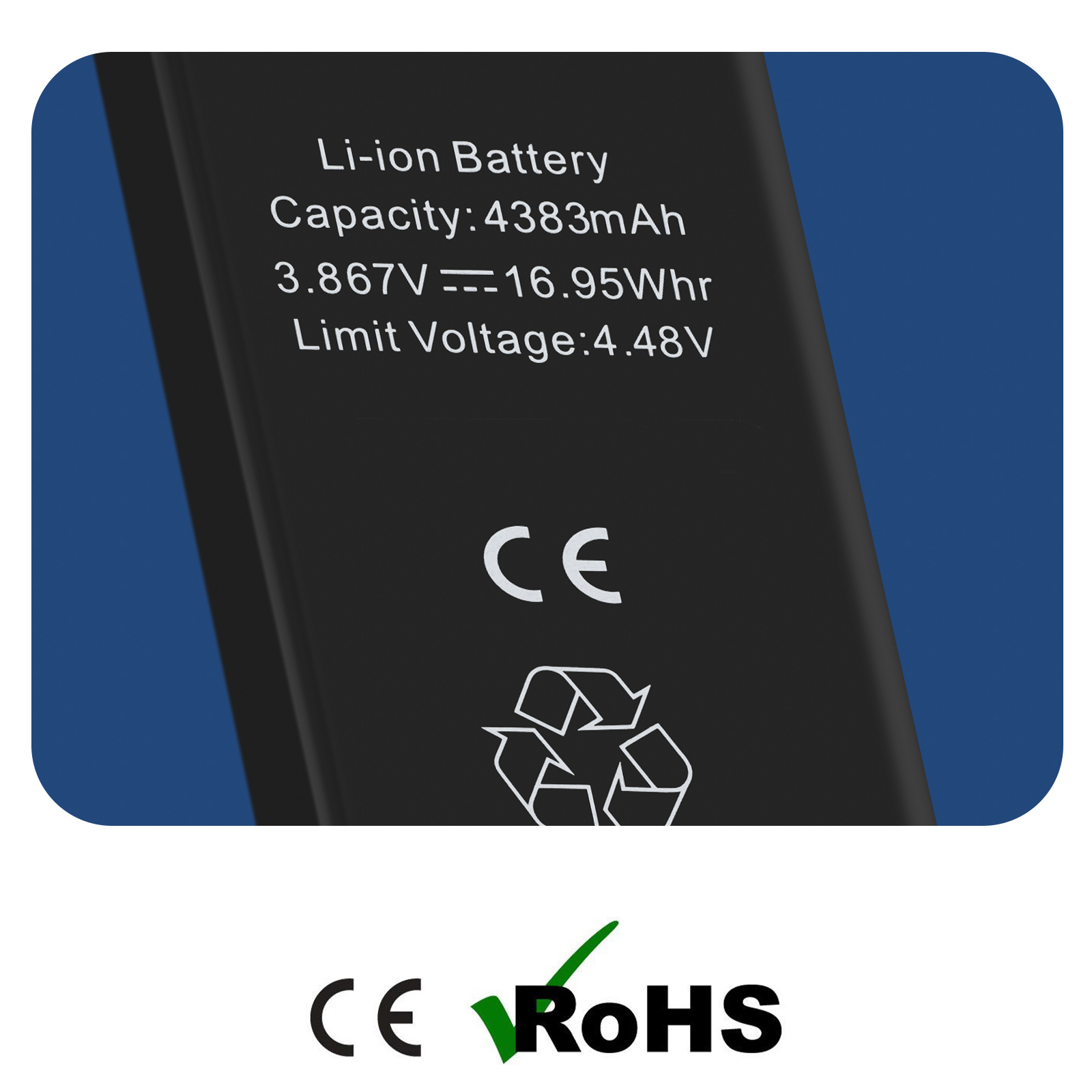 Batteria Li-ion con capacità 4383mAh, 3.867V, 16.95Whr, tensione limite 4.48V.