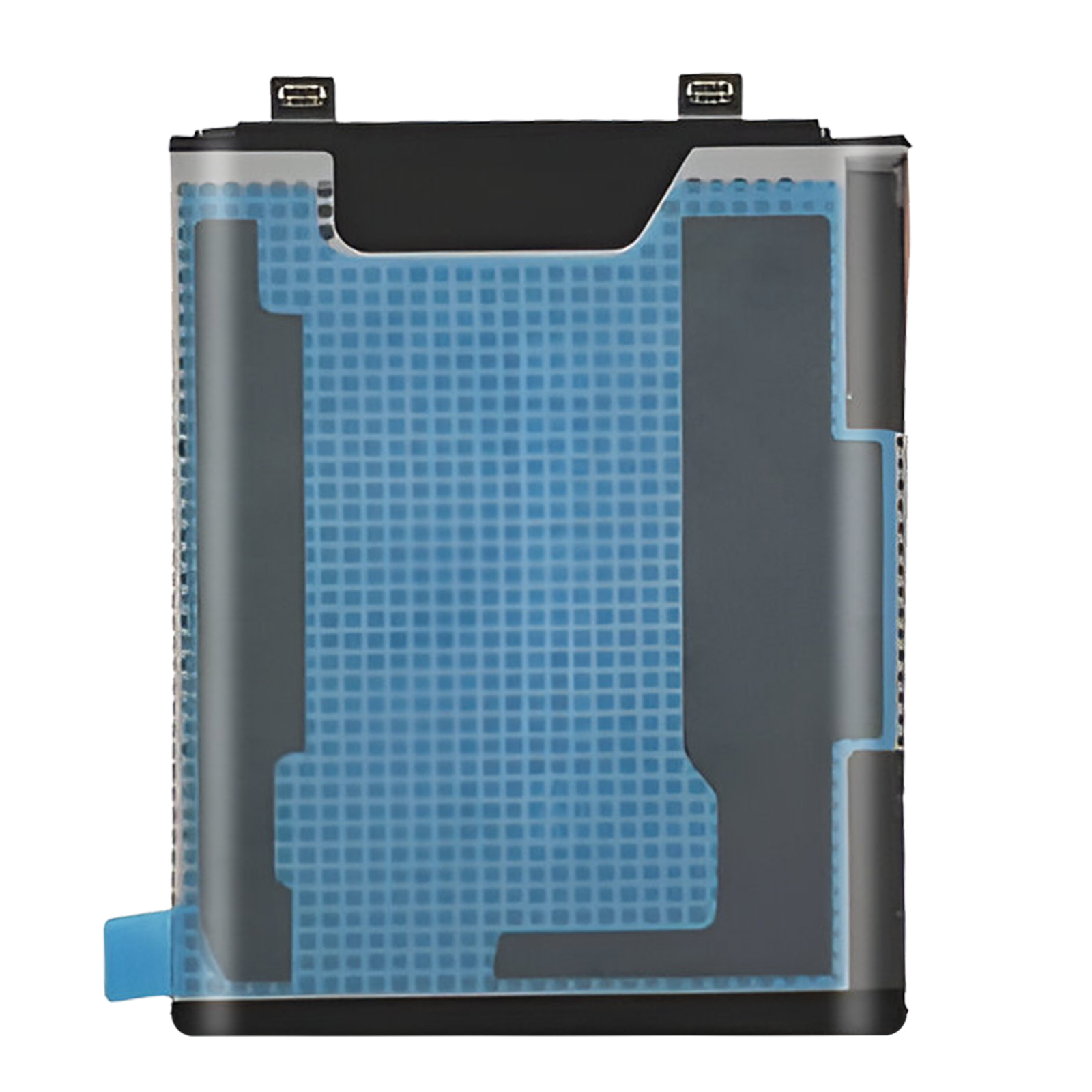 Una batteria rettangolare con elementi blu e grigi e due connettori in alto.