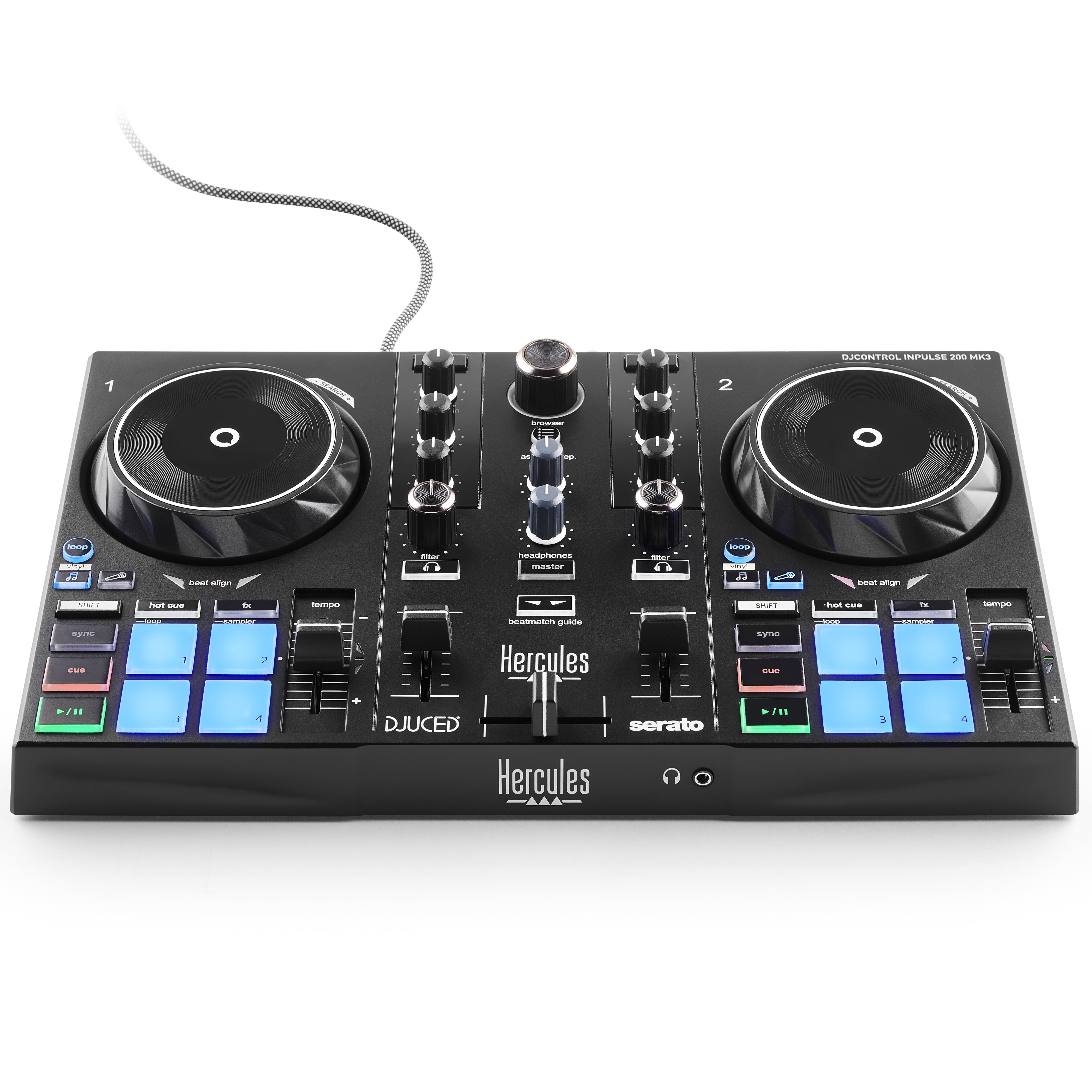 Un controlador DJ negro con dos platos, mezclador y botones iluminados.